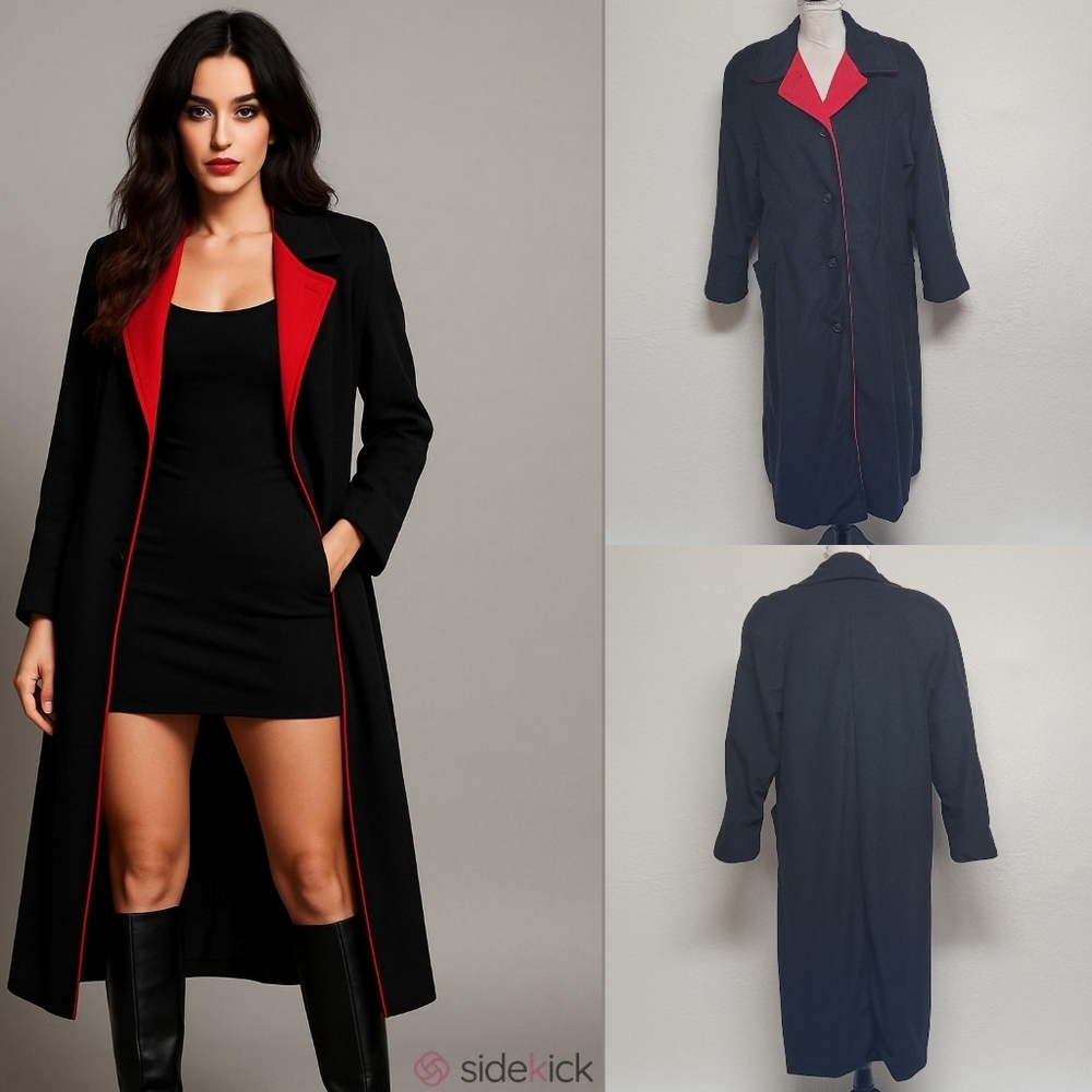 Kashmiracle Vintage 70s Black Red Trim Notched Collar Faux Cashmere Trench Coat